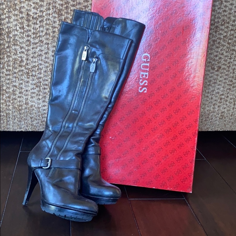 Guess black leather knee high boots